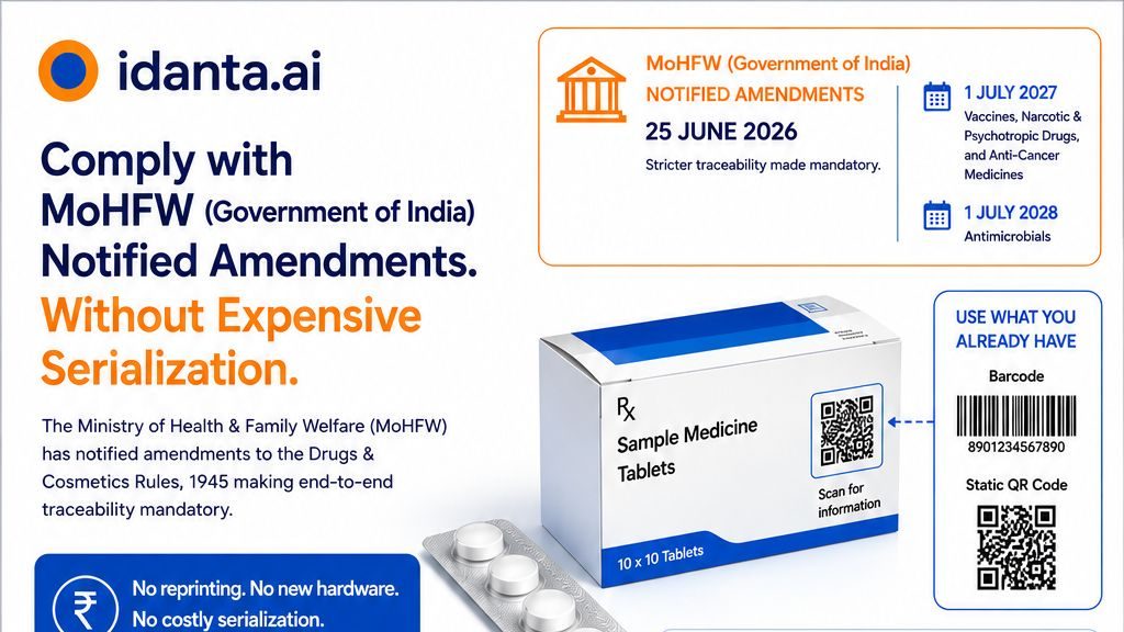 Idanta infographic: comply with India’s drug traceability amendments using the barcode or QR code already on the pack